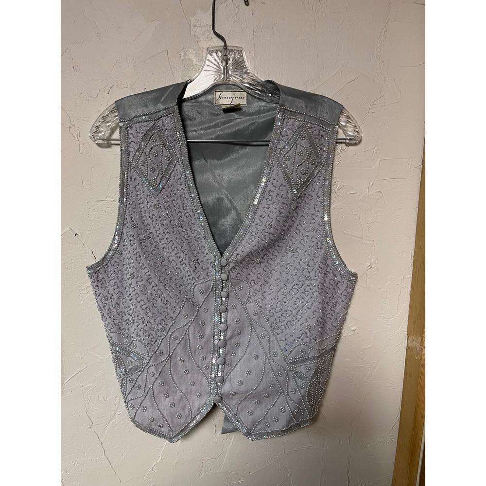 Spenser Jeremy Women's Beaded Sequin Vest Sleeveless Gray Party Top